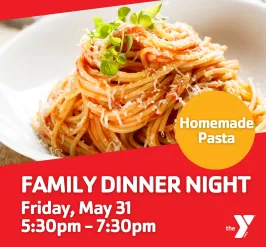 graphic that says Family Dinner night with date and time and photo of spaghetti