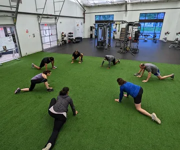 group fitness class on turf at Framingham Branch