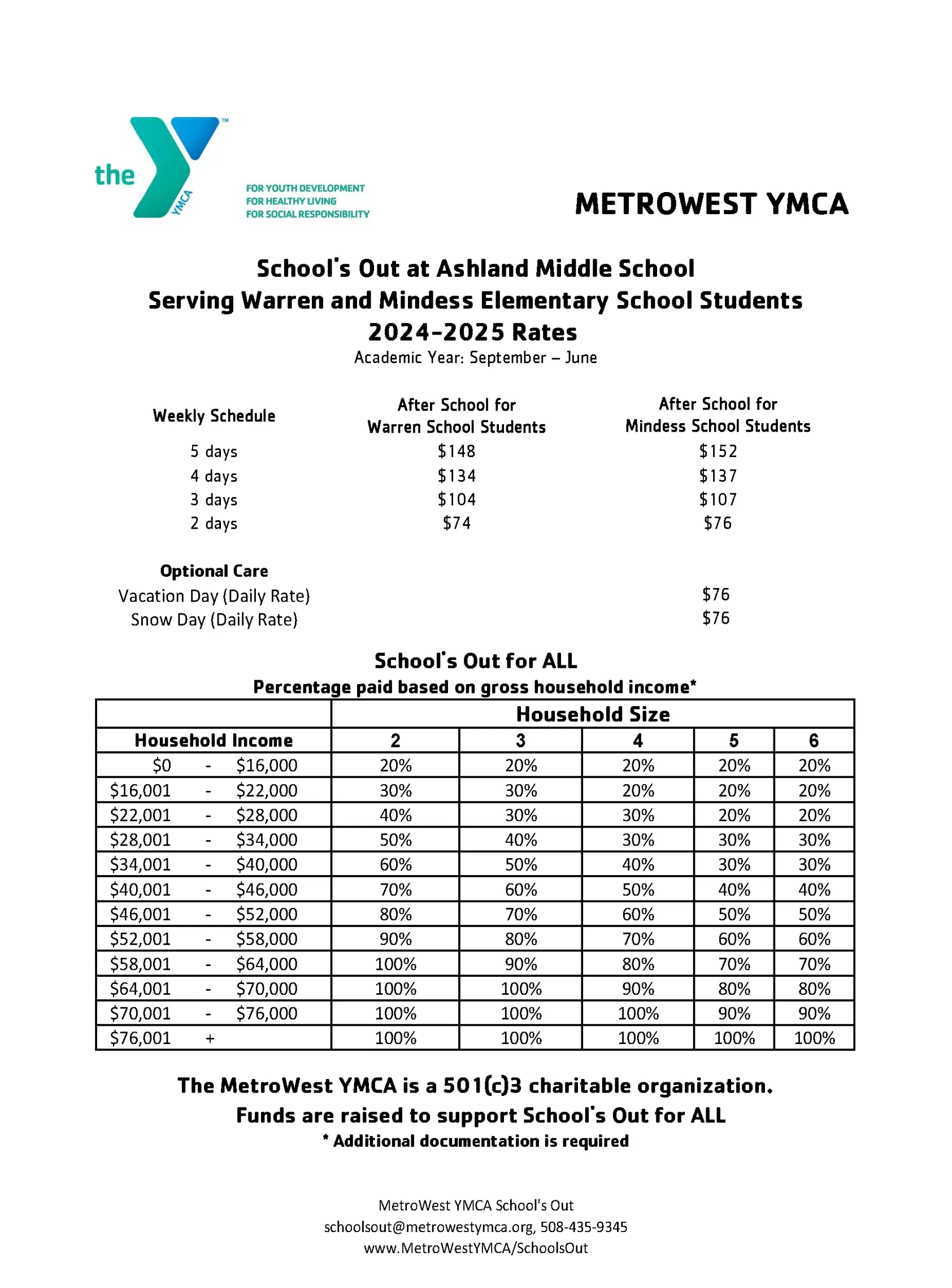 2024-2025 rates for School's Out Ashland