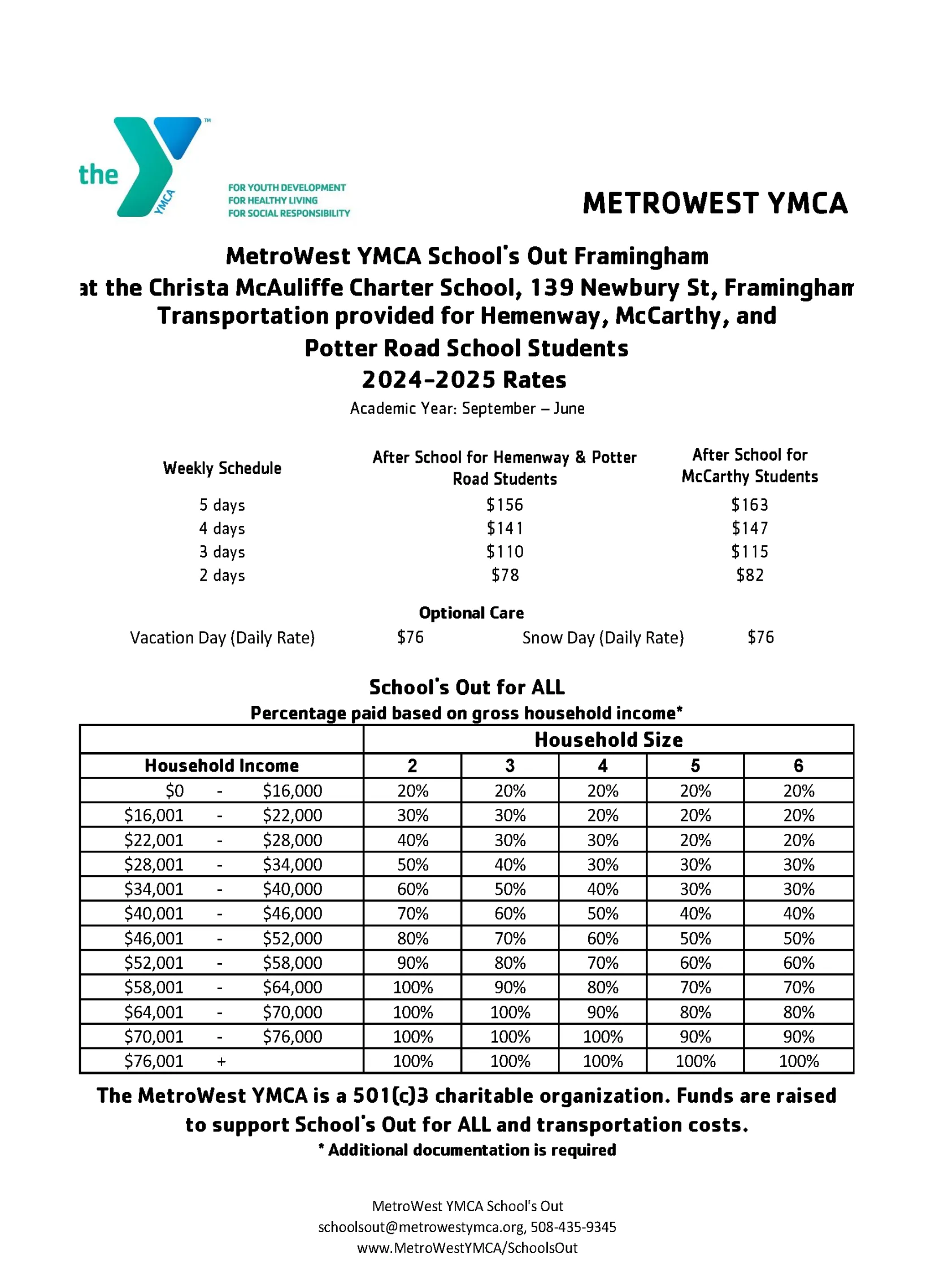 2024-2025 rates for Framingham School's Out