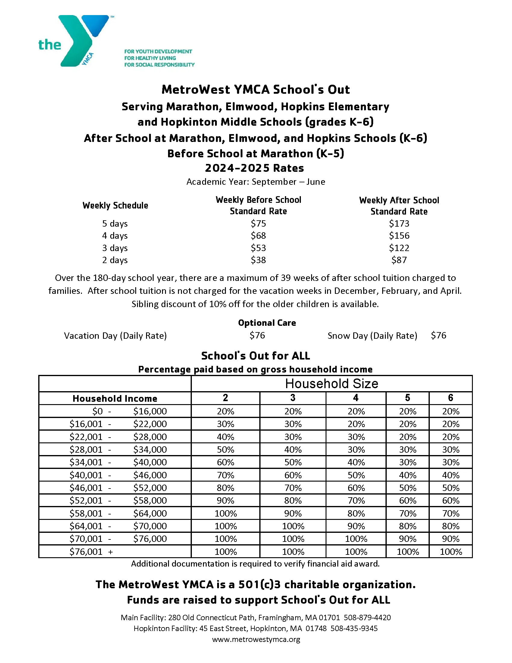 2024-2025 rates for School's Out Hopkinton